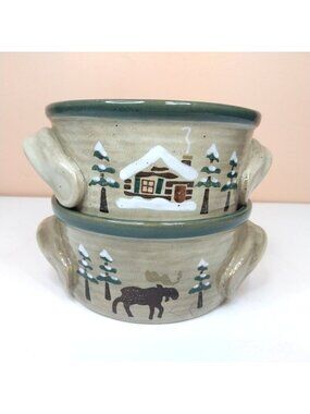 Sonoma Lodge Vintage Stoneware Soup Bowls Cabin Moose Bear Set Of 2 Rustic